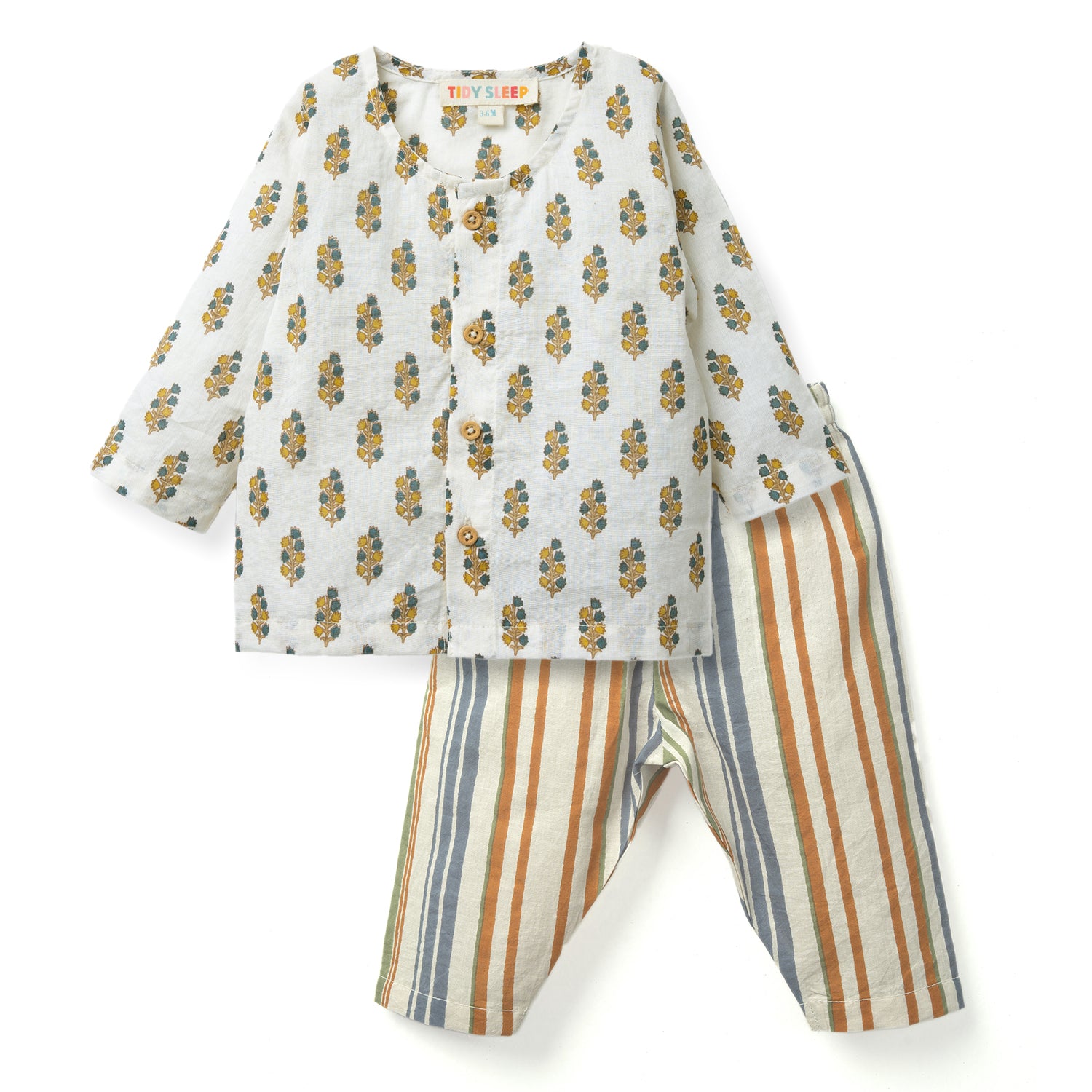 A cozy kids' pajama set featuring a floral patterned jhabla set and striped pants in warm, earthy tones. Ideal for comfy sleepwear.