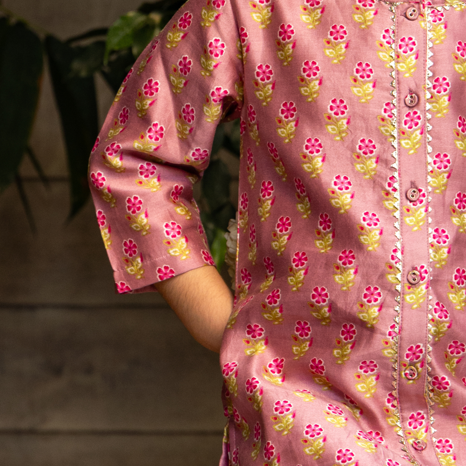 Chanderi Silk Small Flower | Button Down Kurta with Salwar Set | Festive Wear