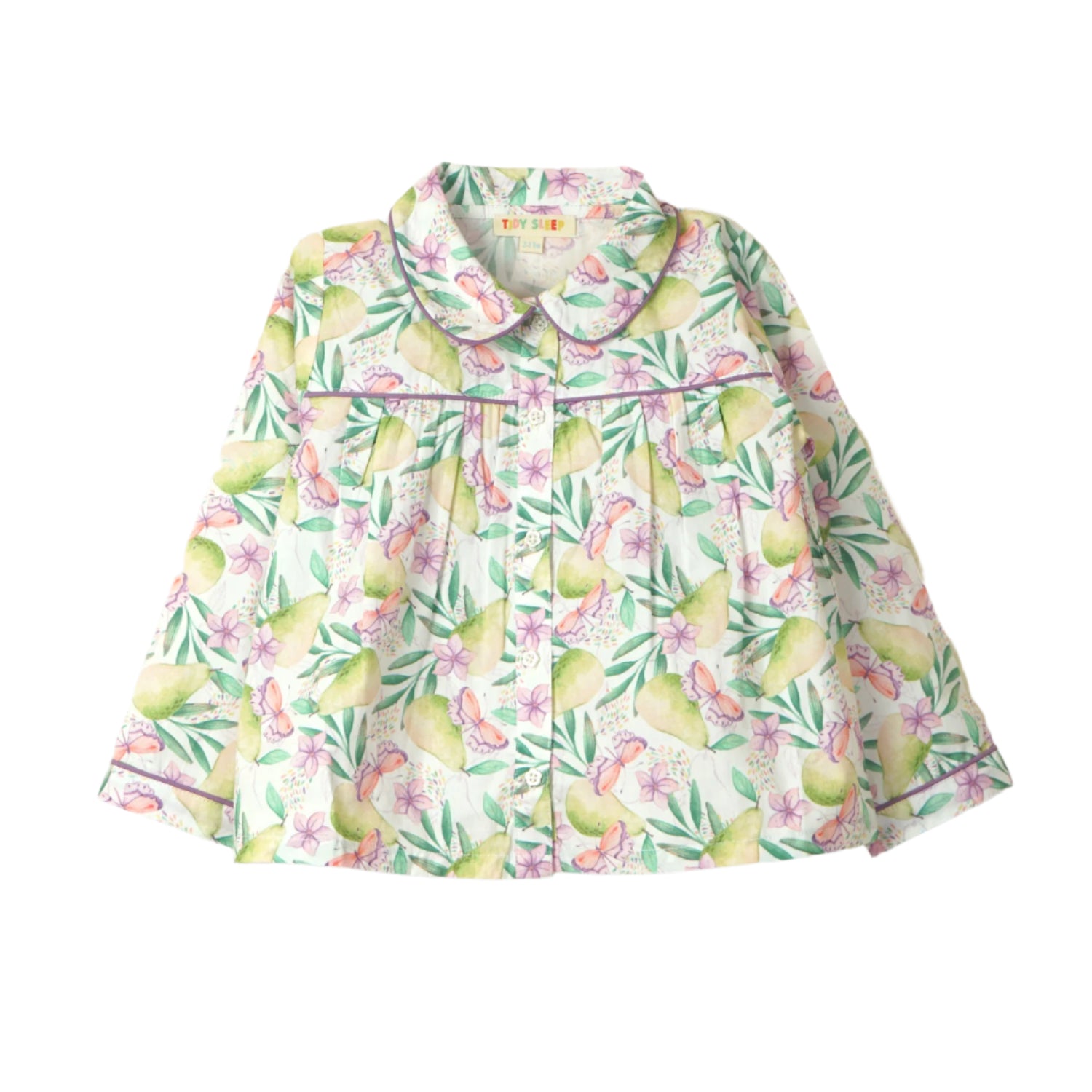 Baby pajama set with a tropical fruit and floral print, featuring a button-up top