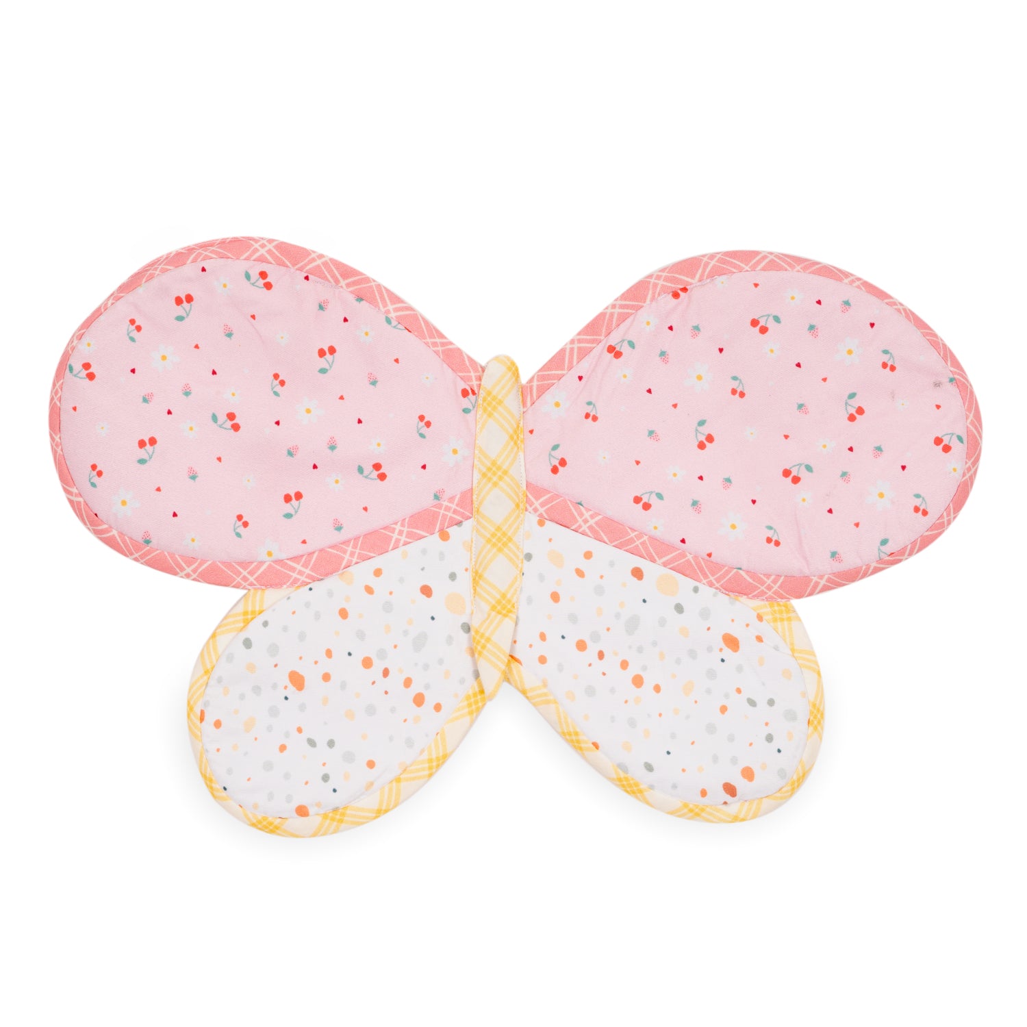 A colorful butterfly-shaped plush with pink and yellow patterned wings, featuring floral and dotted designs on a white background.
