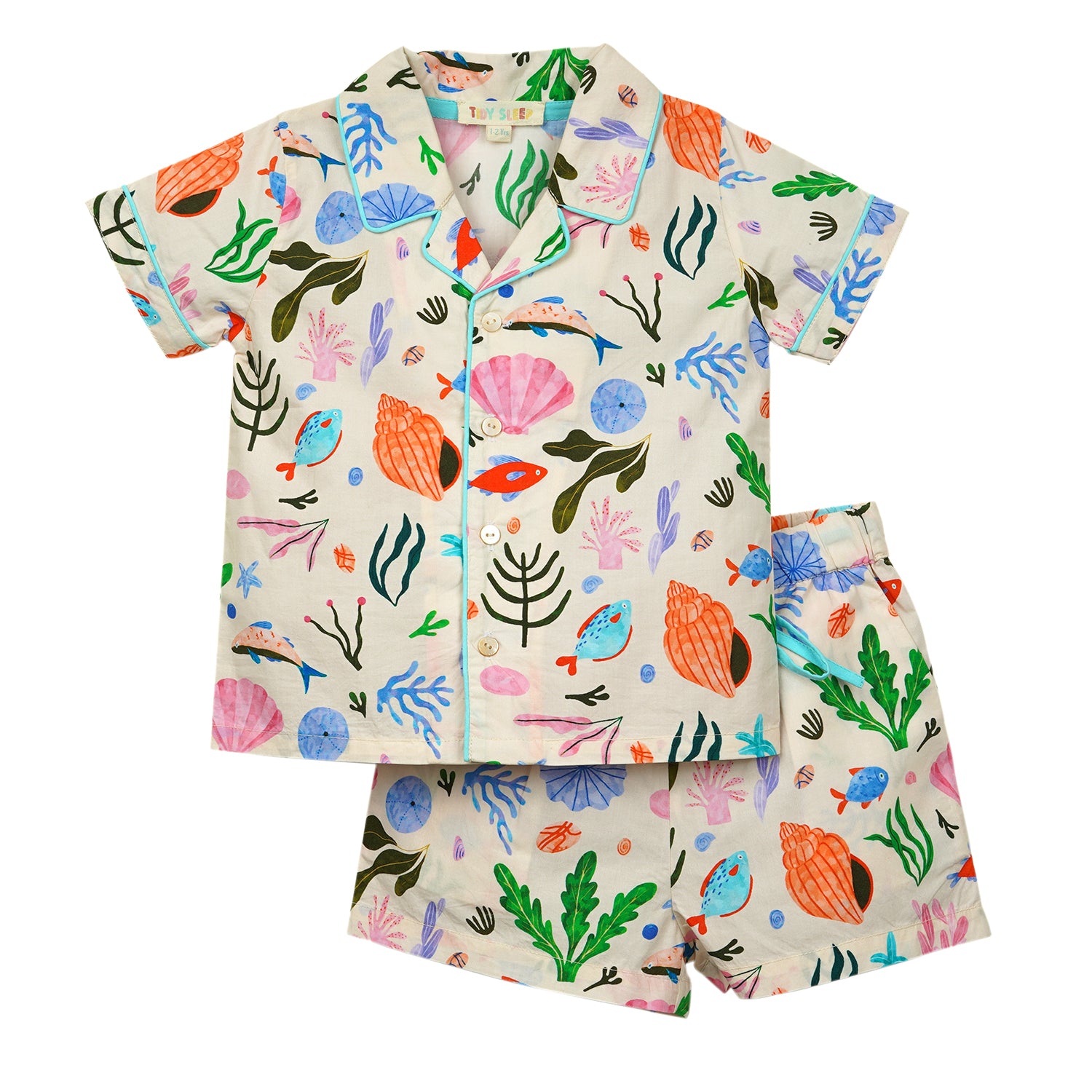 Colorful children's night suit set featuring marine life and shell patterns on a light background, includes a short-sleeve shirt and shorts.
