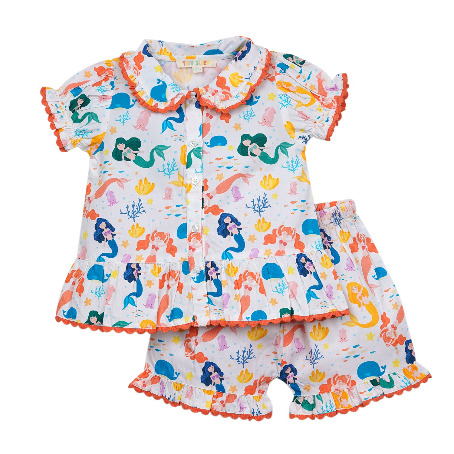 Children's mermaid-themed night suit set featuring a short-sleeve top and matching shorts with colorful, playful ocean designs.