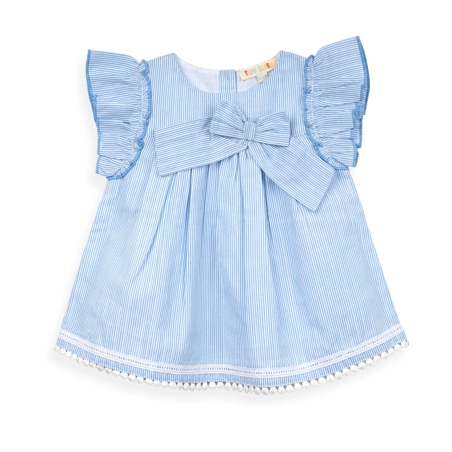 Light blue striped toddler dress with ruffled sleeves and a large bow, featuring a pom-pom trim along the hem.