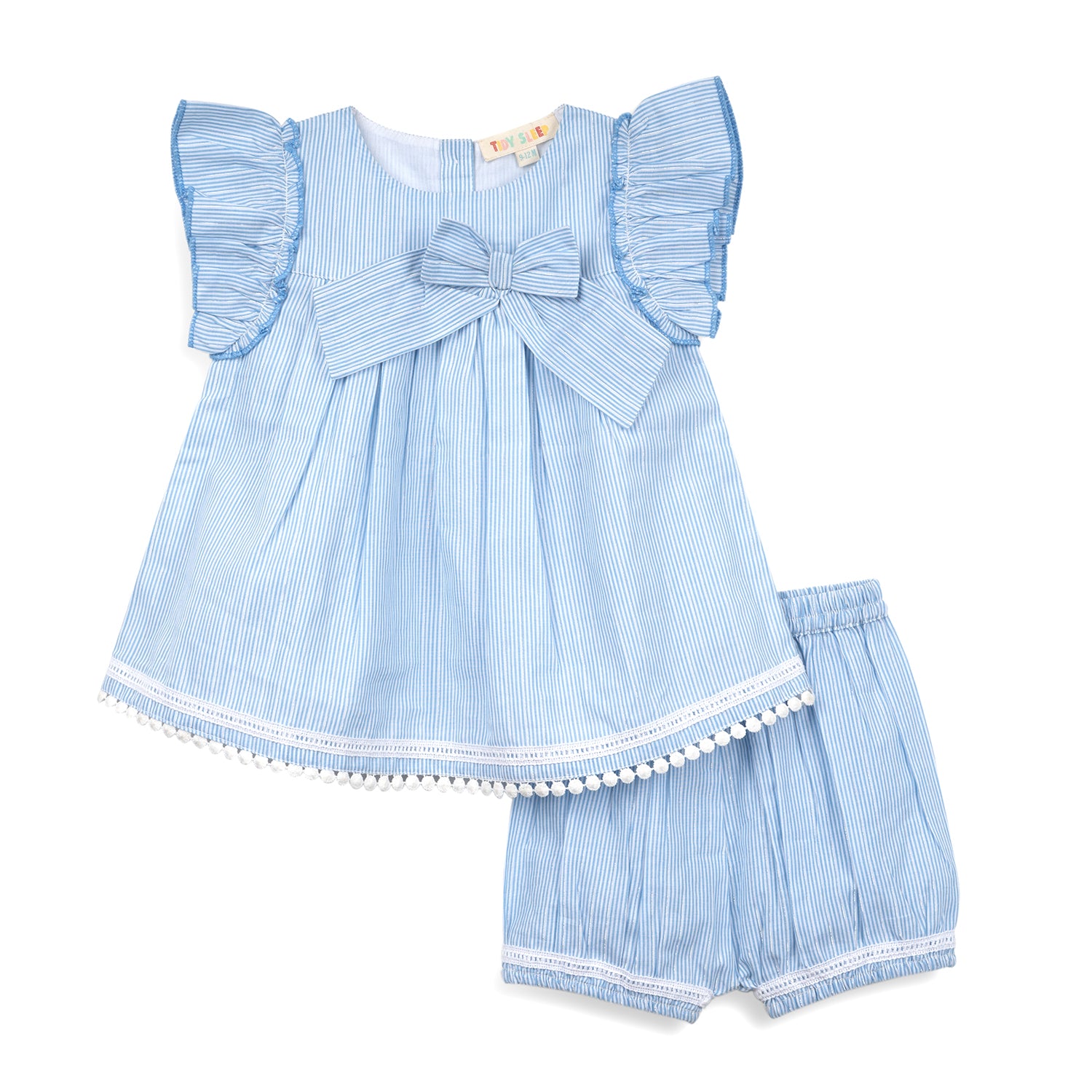 Light blue striped toddler dress with ruffled sleeves and a large bow, featuring a pom-pom trim along the hem and blue striped bloomers