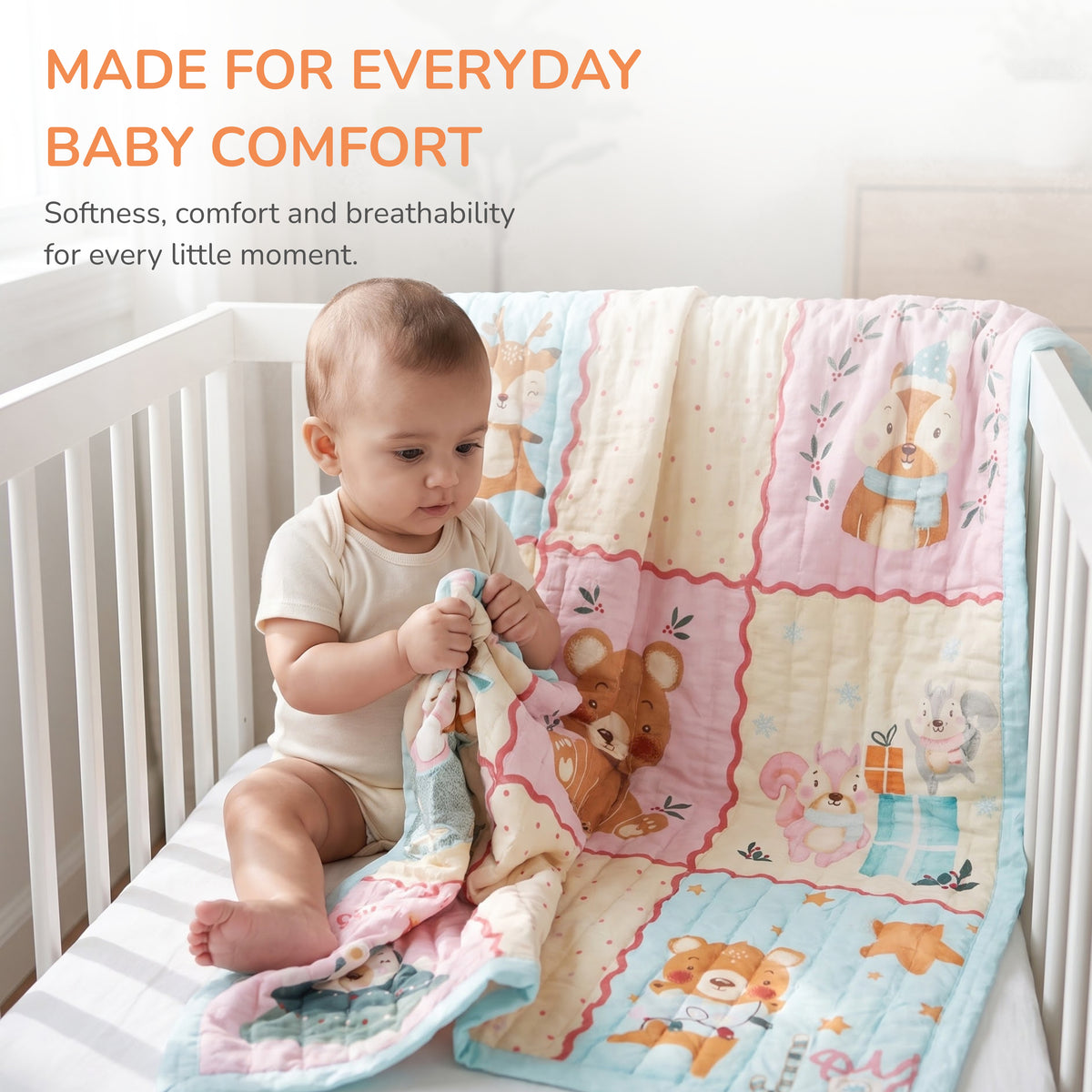 A baby sitting in a white crib holds a soft, patchwork quilted baby blanket with cartoon teddy bear illustrations. The blanket features pastel pink, blue, and cream sections with embroidered-style bear designs.