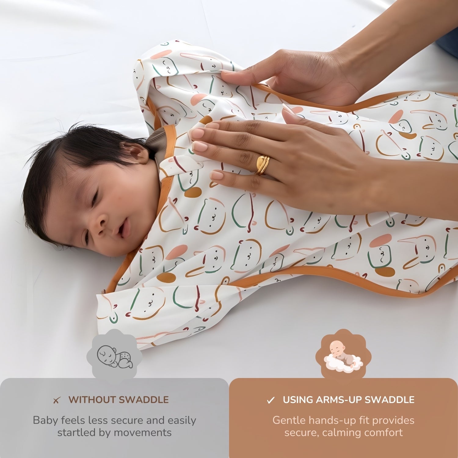 A baby is swaddled in a colorful blanket with a hands-up design, calm and secure. A hand adjusts the wrap. The image contrasts swaddling methods.
