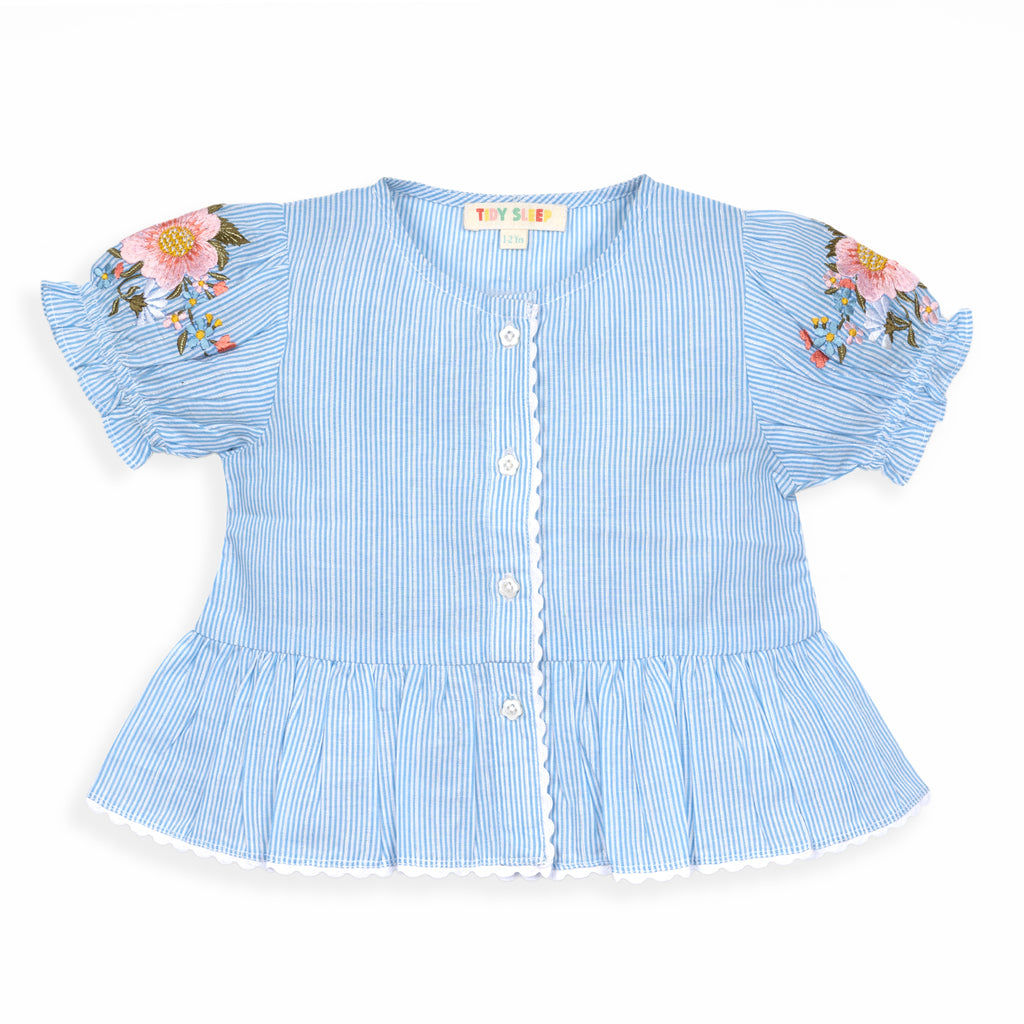 Floral Embroidered Button Down Top | Blue Stripes