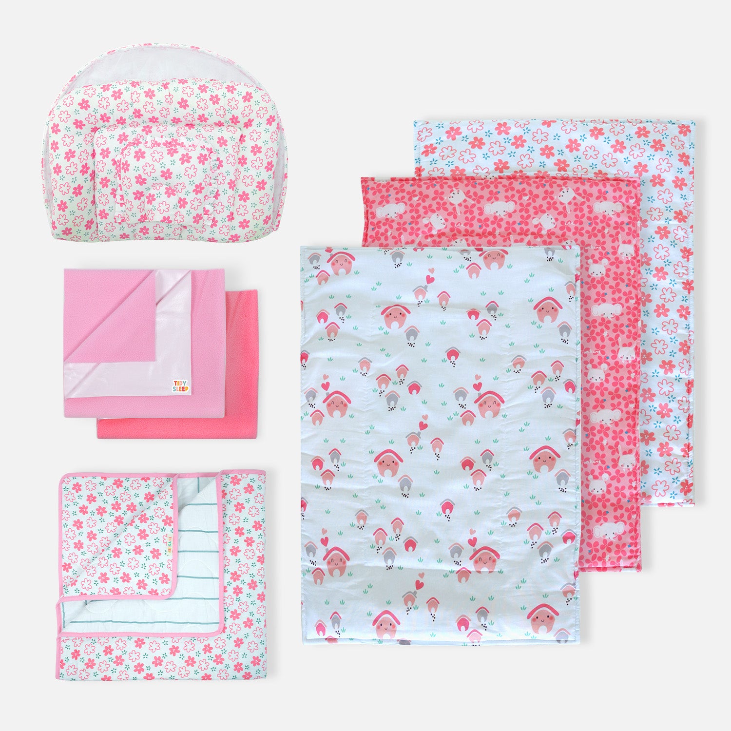 The Flower White Bundle - Gadda Set + Dry Sheet + Quilt + Changing Mat