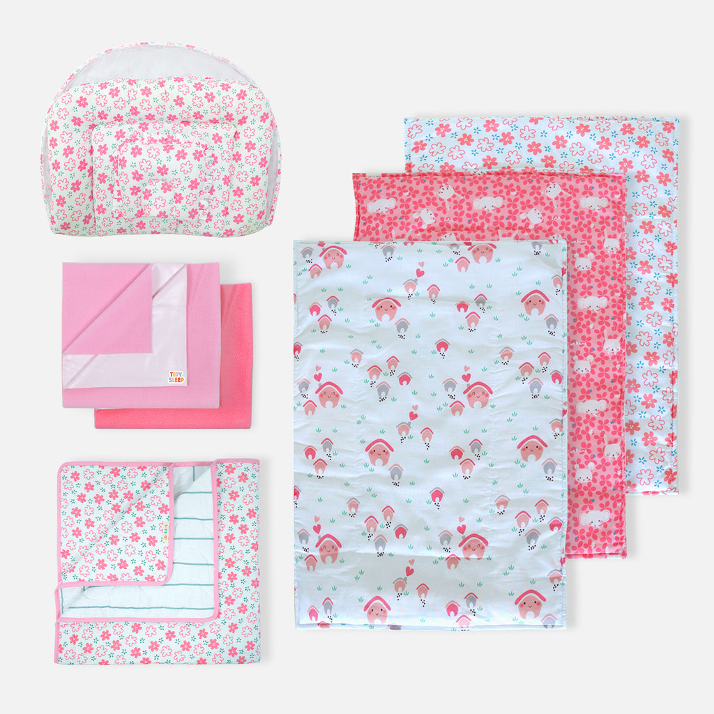 The Flower White Bundle - Gadda Set + Dry Sheet + Quilt + Changing Mat