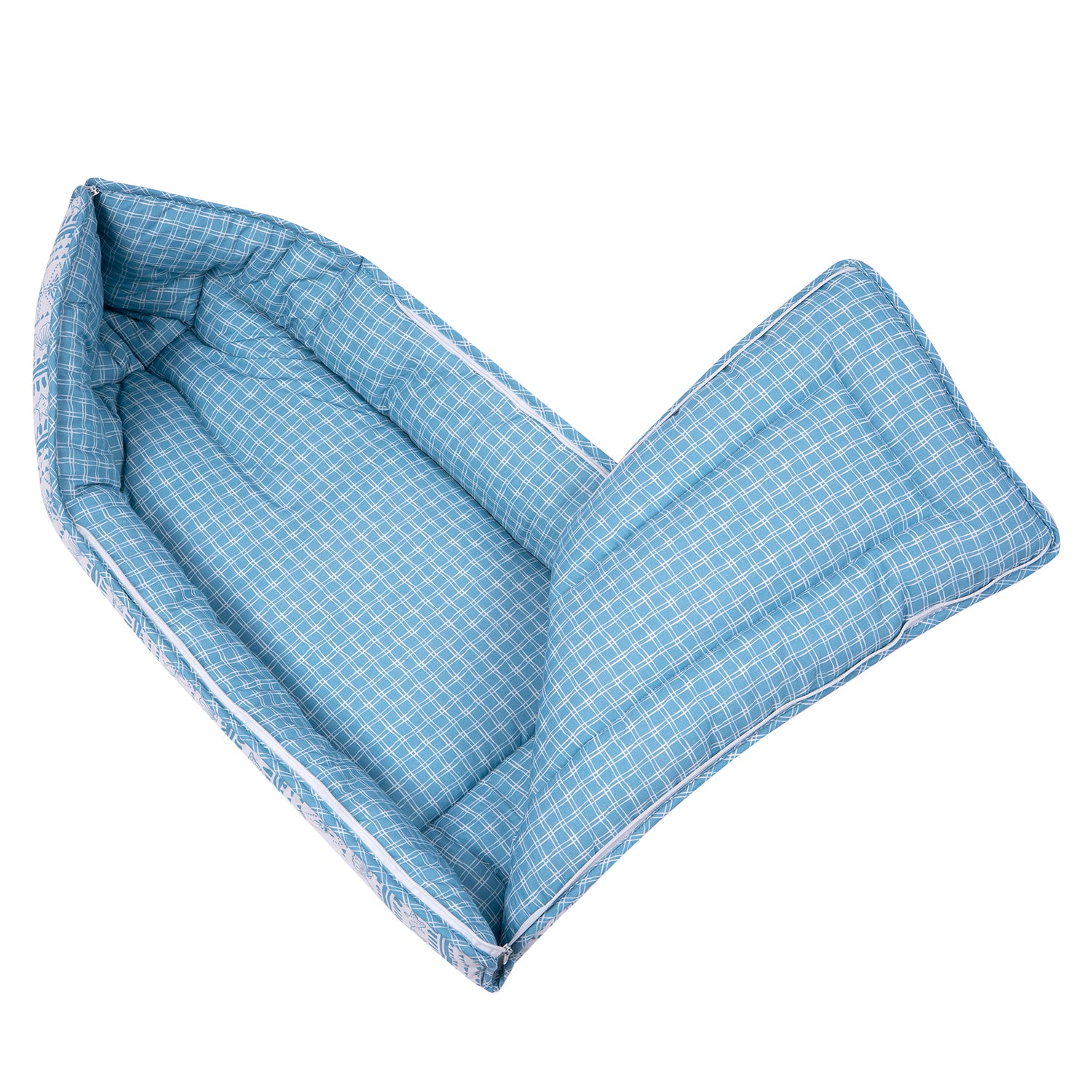 A cozy baby carry nest in blue and white color featuring a floral patterned exterior and a cheerful yellow checkered lining at the top.