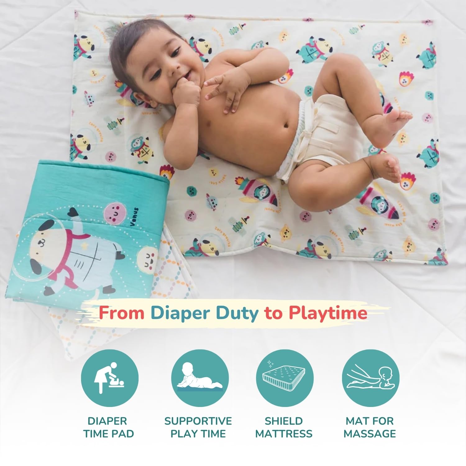 A baby lies on a colorful, illustrated mat with a diaper, appearing playful and content. Below are four icons labeled: Diaper Time Pad, Supportive Play Time, Shield Mattress, and Mat for Massage. The text reads, "From Diaper Duty to Playtime."