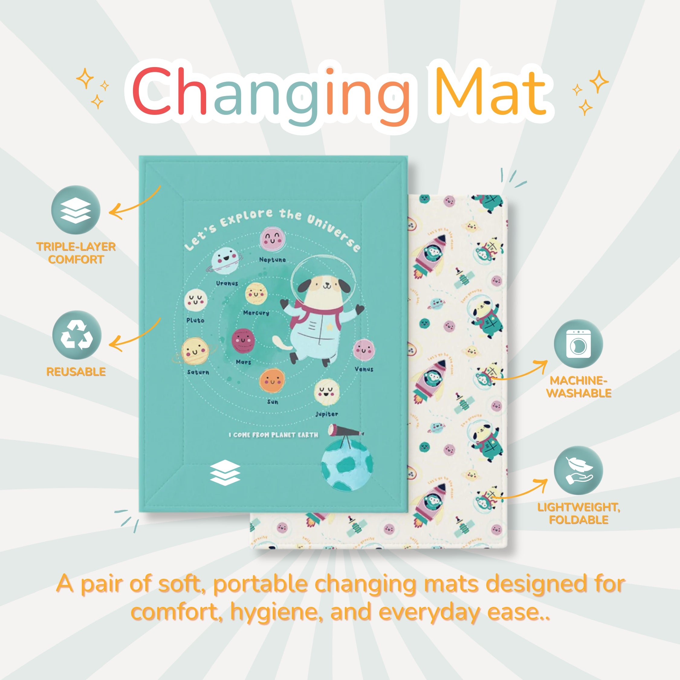 A pair of baby changing mats featuring a cute space theme with planets and an astronaut character. Highlights include triple-layer comfort, machine-washable, reusable, lightweight, and foldable features. Playful, whimsical design.