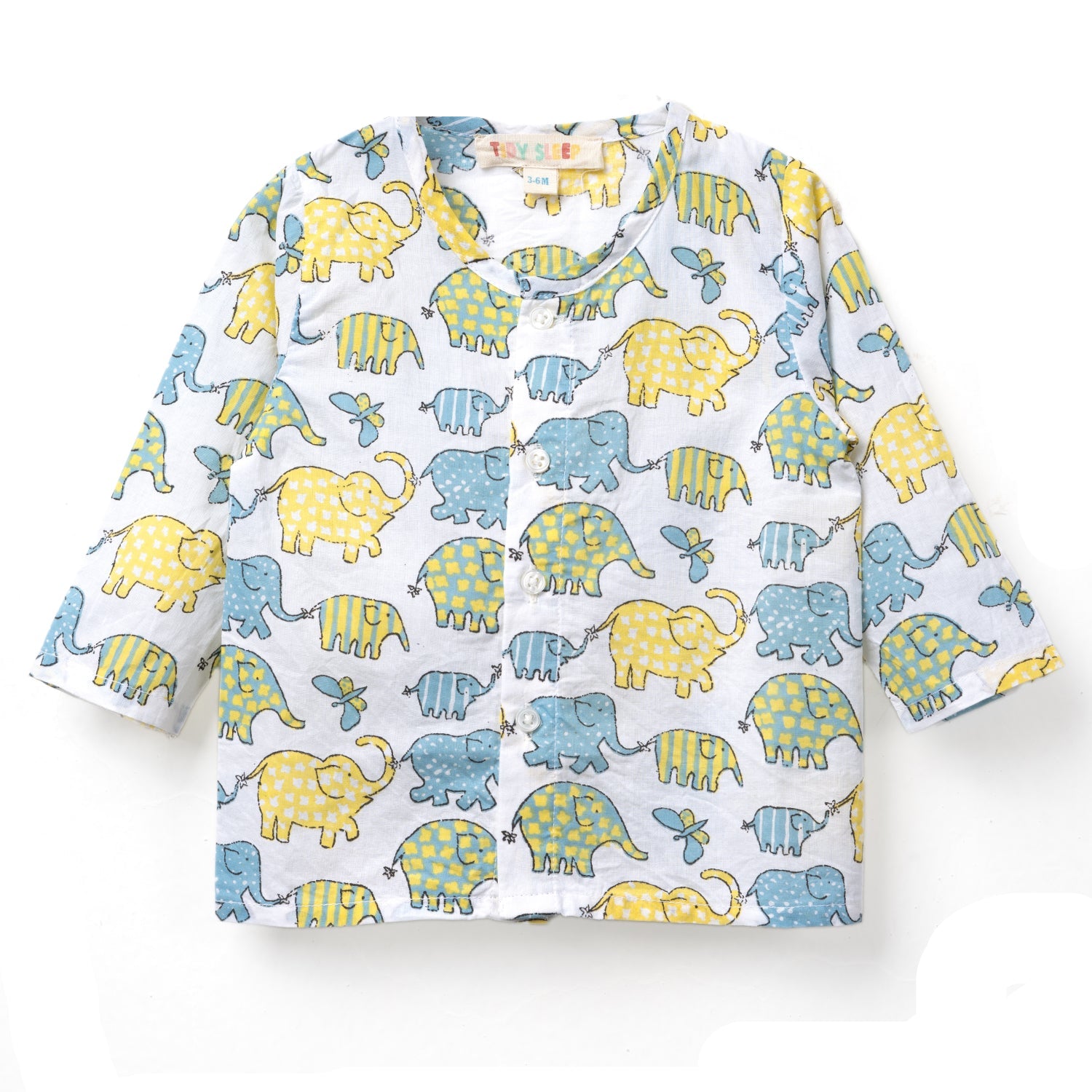 A colorful baby shirt jhabla set featuring playful elephants in blue and yellow patterns on a light background.