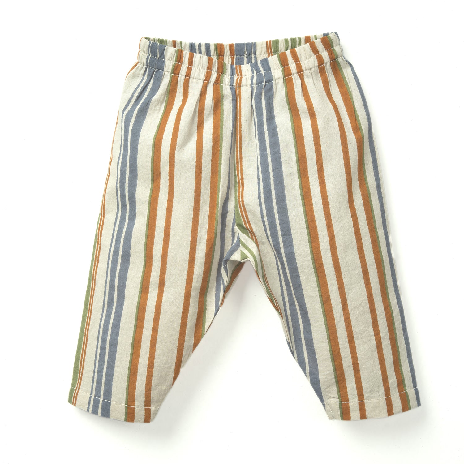 Striped children's pants in beige, featuring blue, green, and orange vertical stripes, with an elastic waistband for comfort.