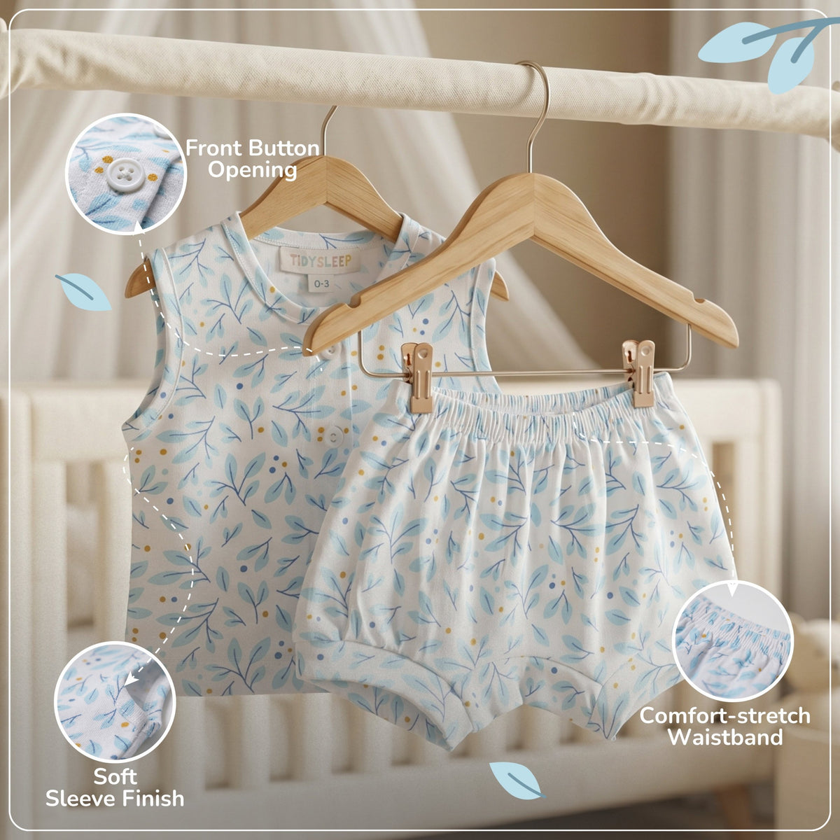 Baby Cotton Vest and Bloomer Set - Blue Leaf