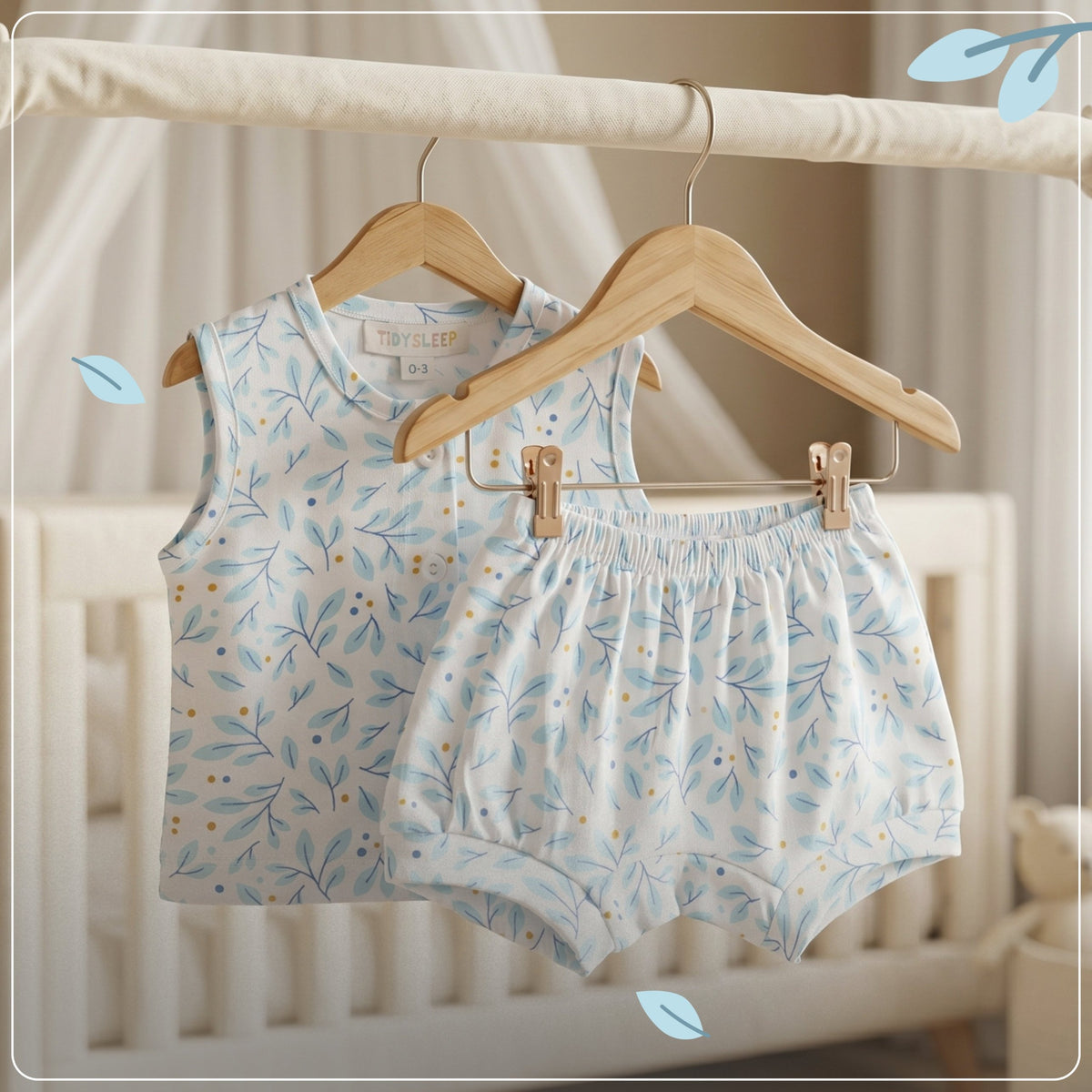 Baby Cotton Vest and Bloomer Set - Blue Leaf
