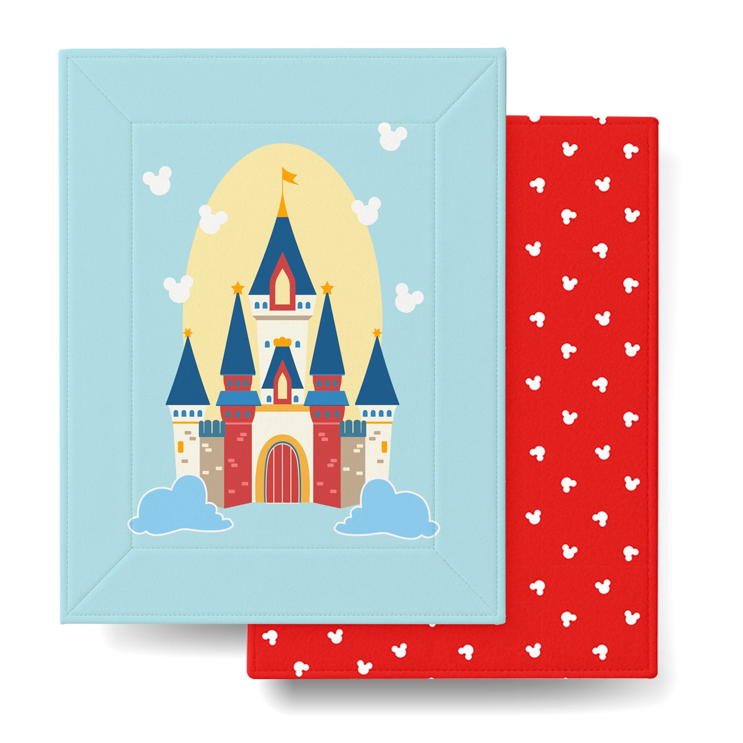 Card with castle design on blue and red changing mat with white hearts