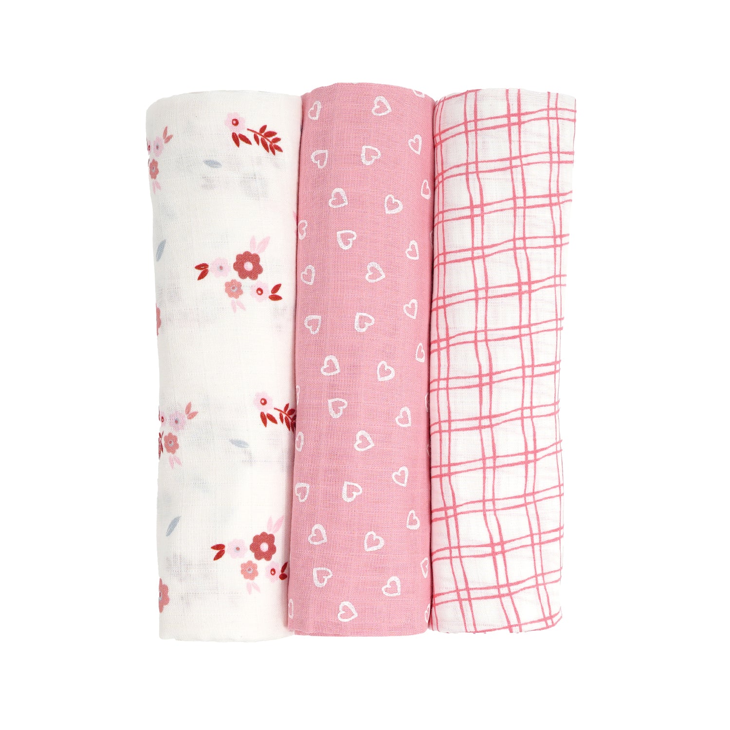 Three rolled muslin swaddle blankets in pastel colors: one floral, one with hearts, and one checkered pattern in pink and white.