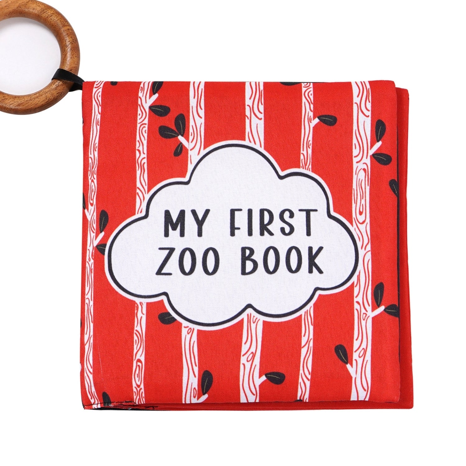 Red fabric book with wooden ring attachment. Cover features white cloud shape with "My First Zoo Book" text, surrounded by black leaves and stripes.