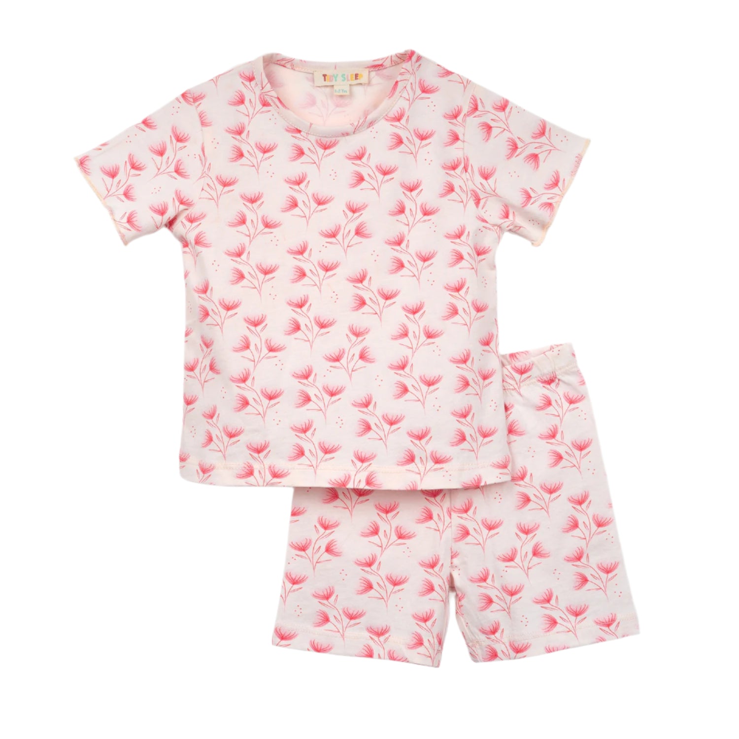 Baby's pink floral pajama set featuring a short-sleeve top and matching shorts, designed for comfort and style.