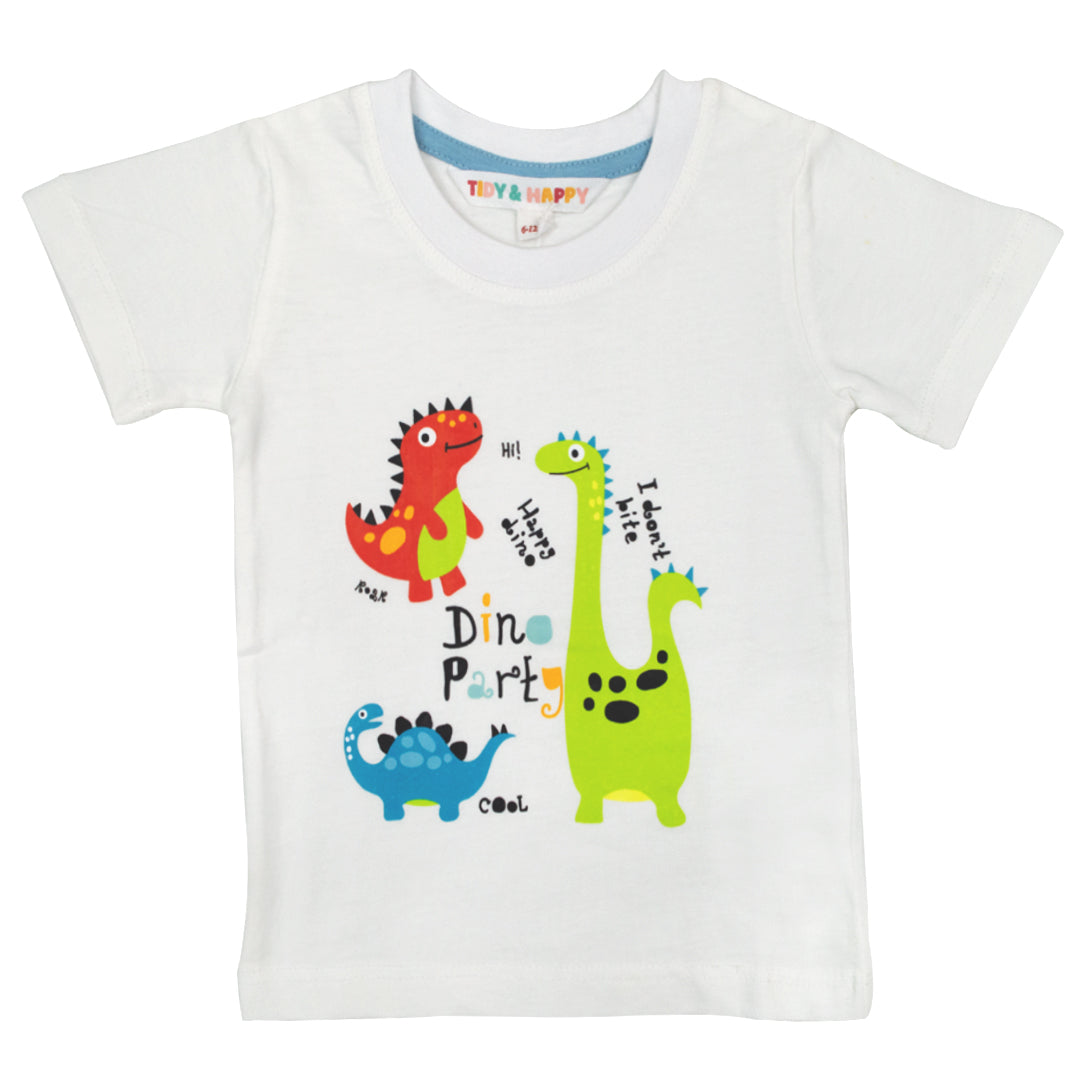Tidy Sleep Dino Party - Half Sleeved Cotton T-Shirt White