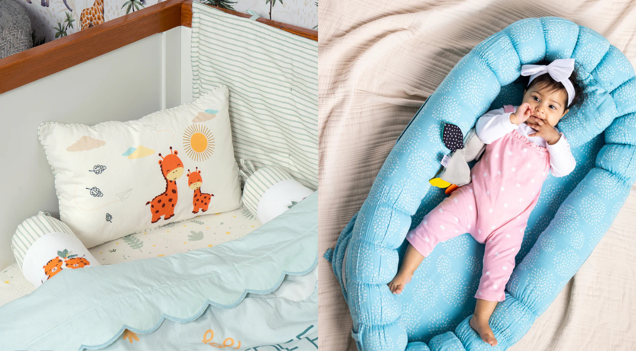 A cozy nursery scene featuring a decorative pillow with giraffes, a soft blanket, and a sleeping baby in a blue baby nest.