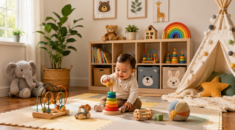A cheerful baby plays with colorful toys on a soft mat in a bright, cozy room filled with natural light.