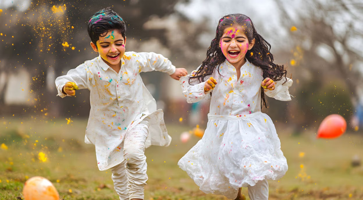 Two joyful children run playfully outdoors, covered in colorful splashes of powder, celebrating a vibrant festival.