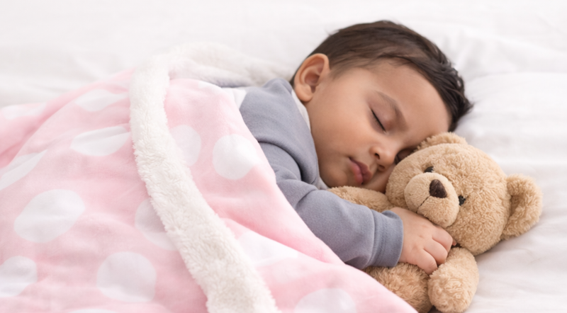 A baby sleeps peacefully, cuddling a teddy bear under a pink polka dot blanket. 