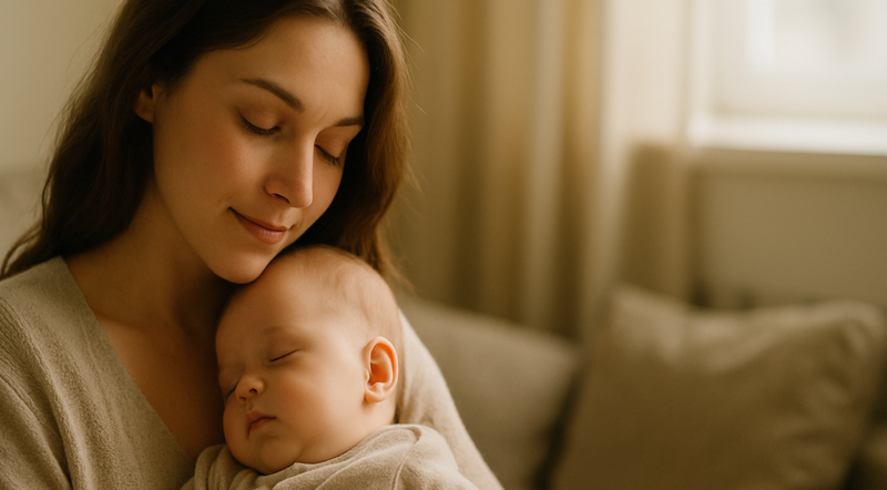 A serene woman cradles a sleeping baby in a softly lit room, both wrapped in cozy beige blankets. The scene conveys warmth and tenderness.