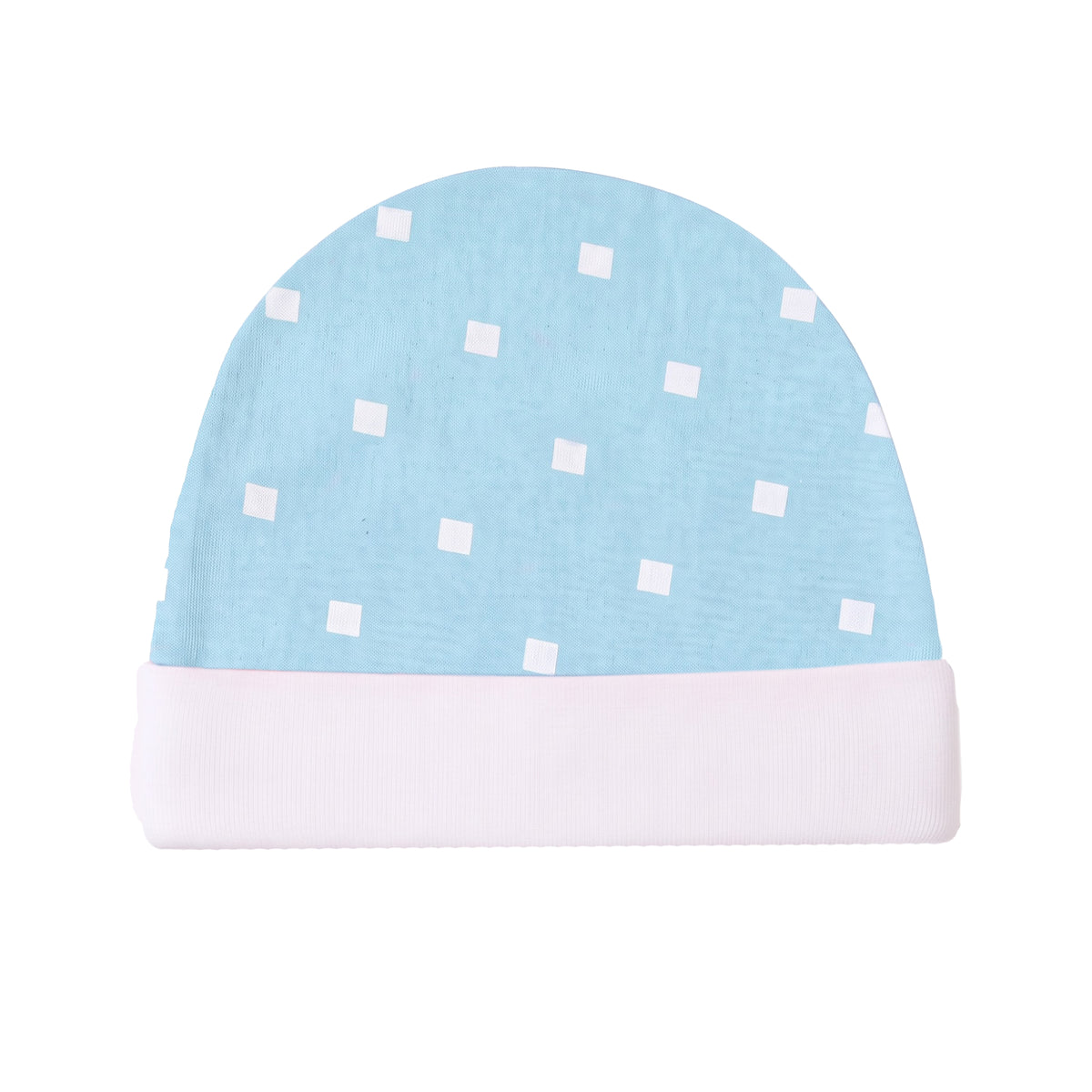 A baby beanie hat featuring a light blue top half with a pattern of small white squares, and a contrasting light pink folded cuff at the bottom, shown against a plain white background.
