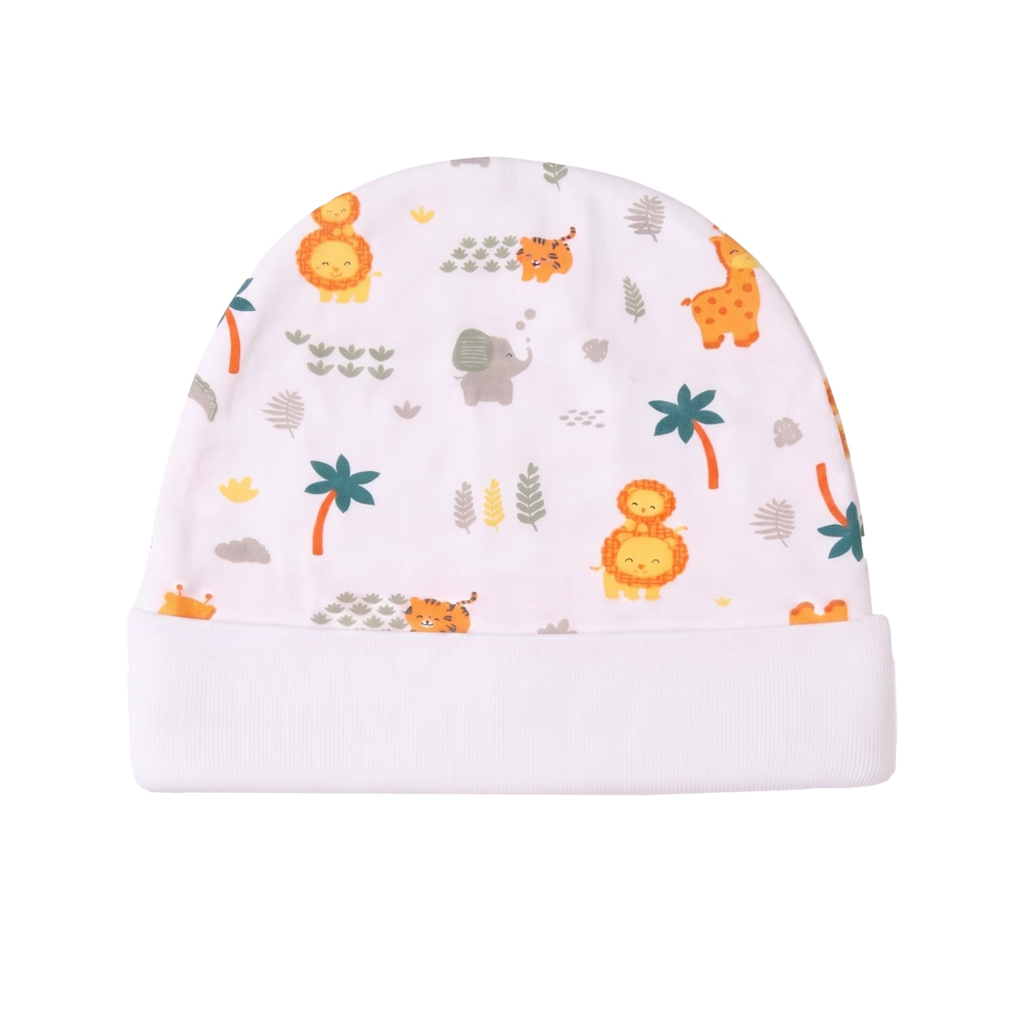 A baby beanie hat with a white cuff, featuring a playful safari animal print with lions, giraffes, elephants, and palm trees on a white background.