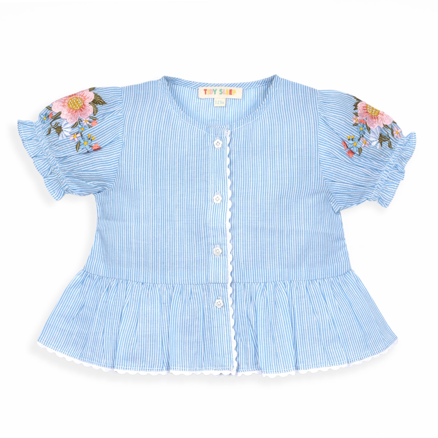 Floral Embroidered Button Down Top | Blue Stripes