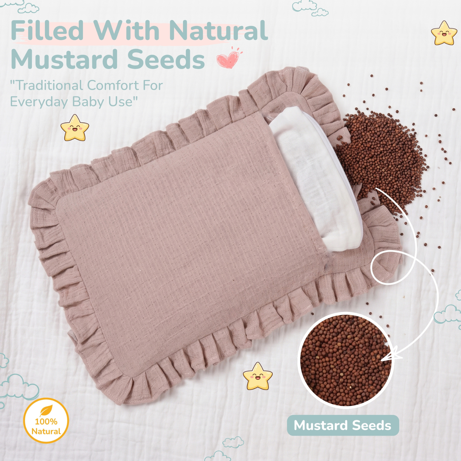 Newborn Head-Shaping Natural Mustard Seed Pillow - Rose Tan