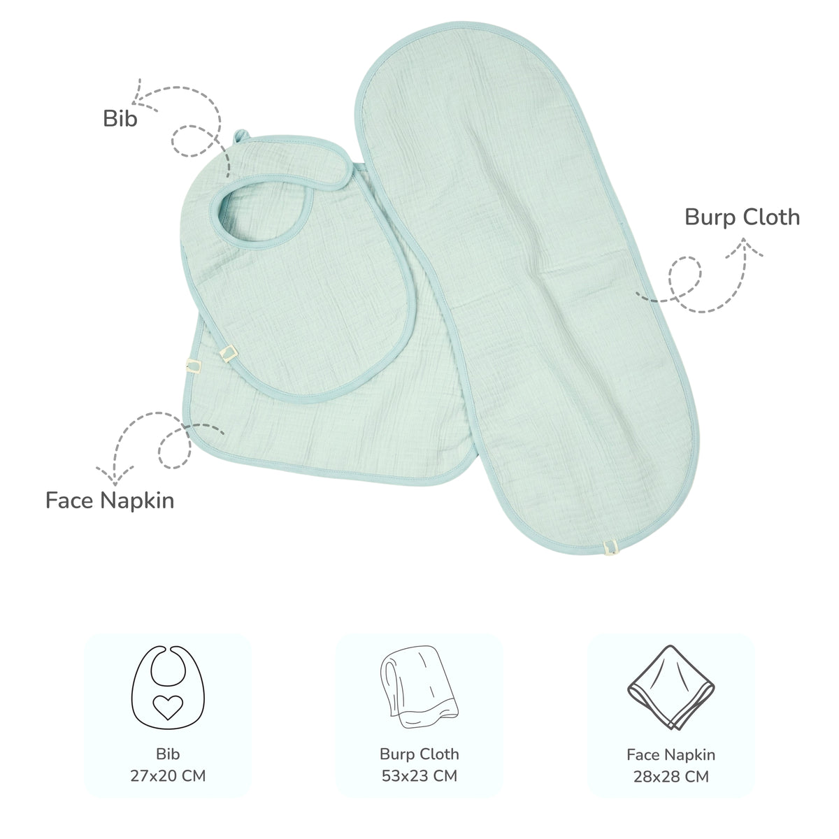 Muslin Baby Care Set of 3 - Bib, Burp Cloth & Face Napkin - Badal
