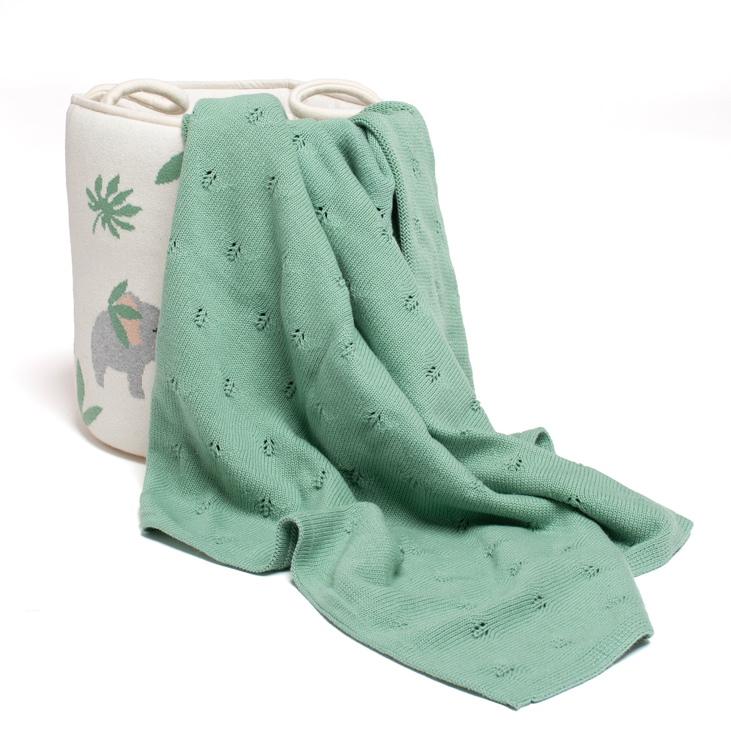 100% Cotton Knitted Storage Basket with Knitted Blanket Set-Elephant