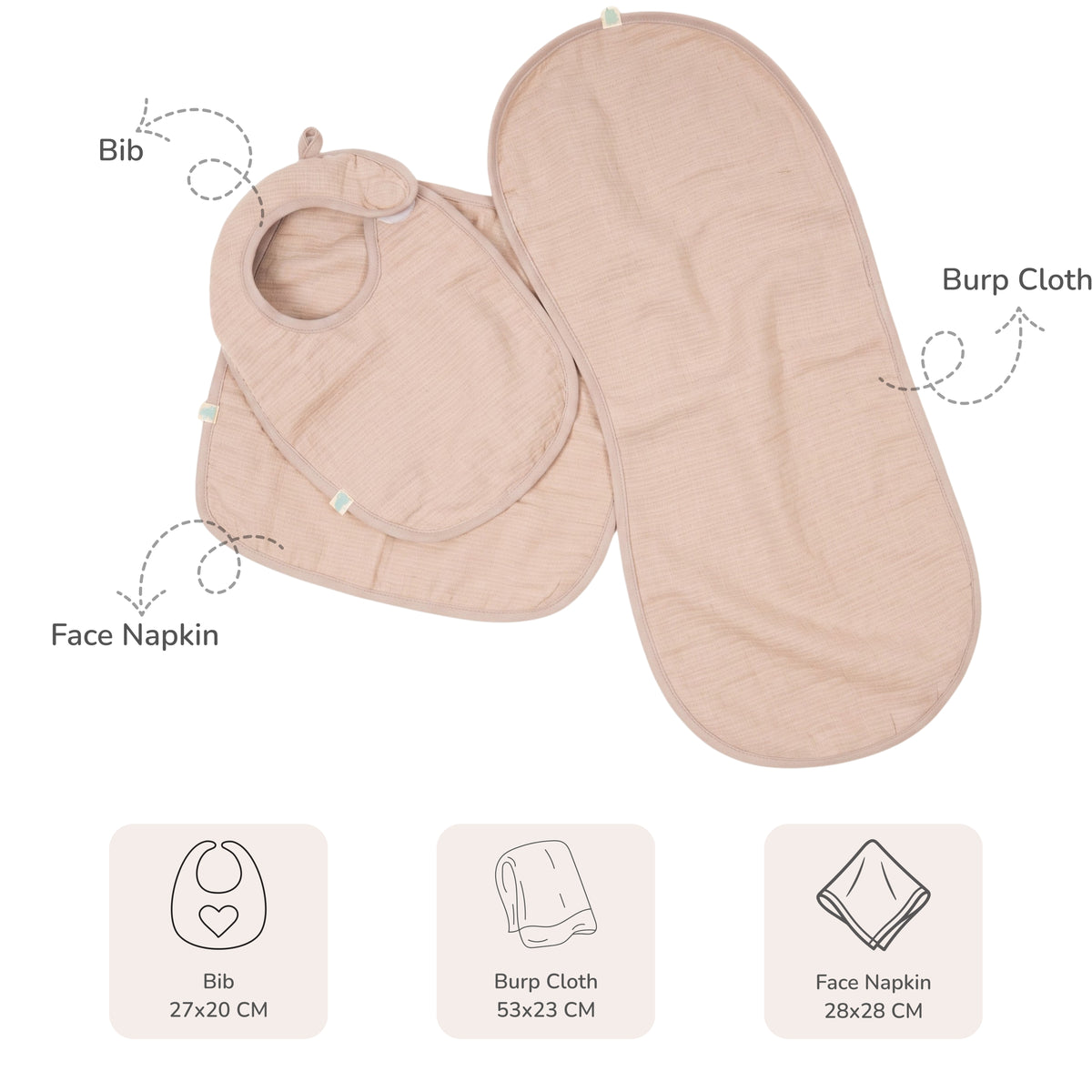 Muslin Baby Care Set of 3 - Bib, Burp Cloth & Face Napkin - Sitara