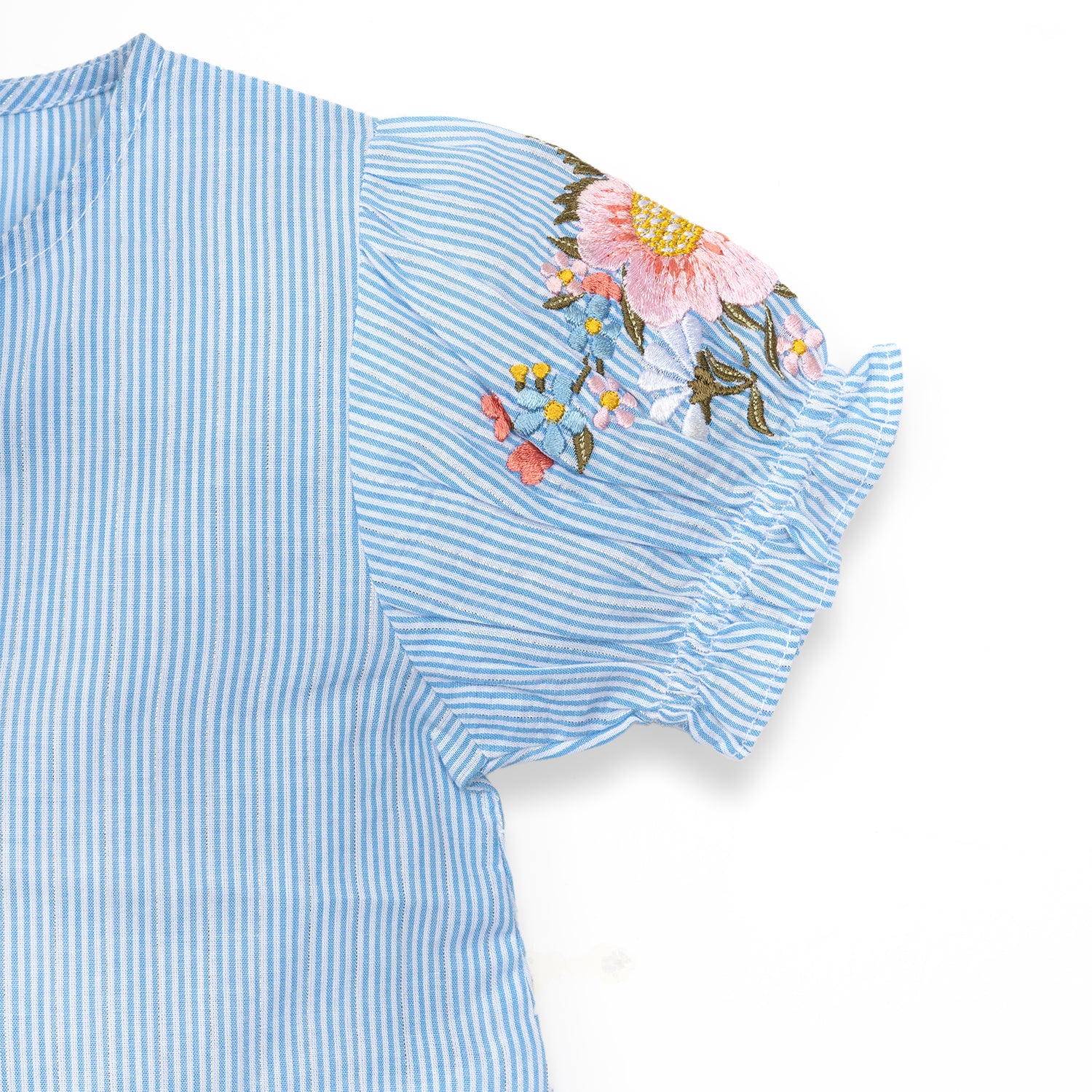 Floral Embroidered Button Down Top | Blue Stripes