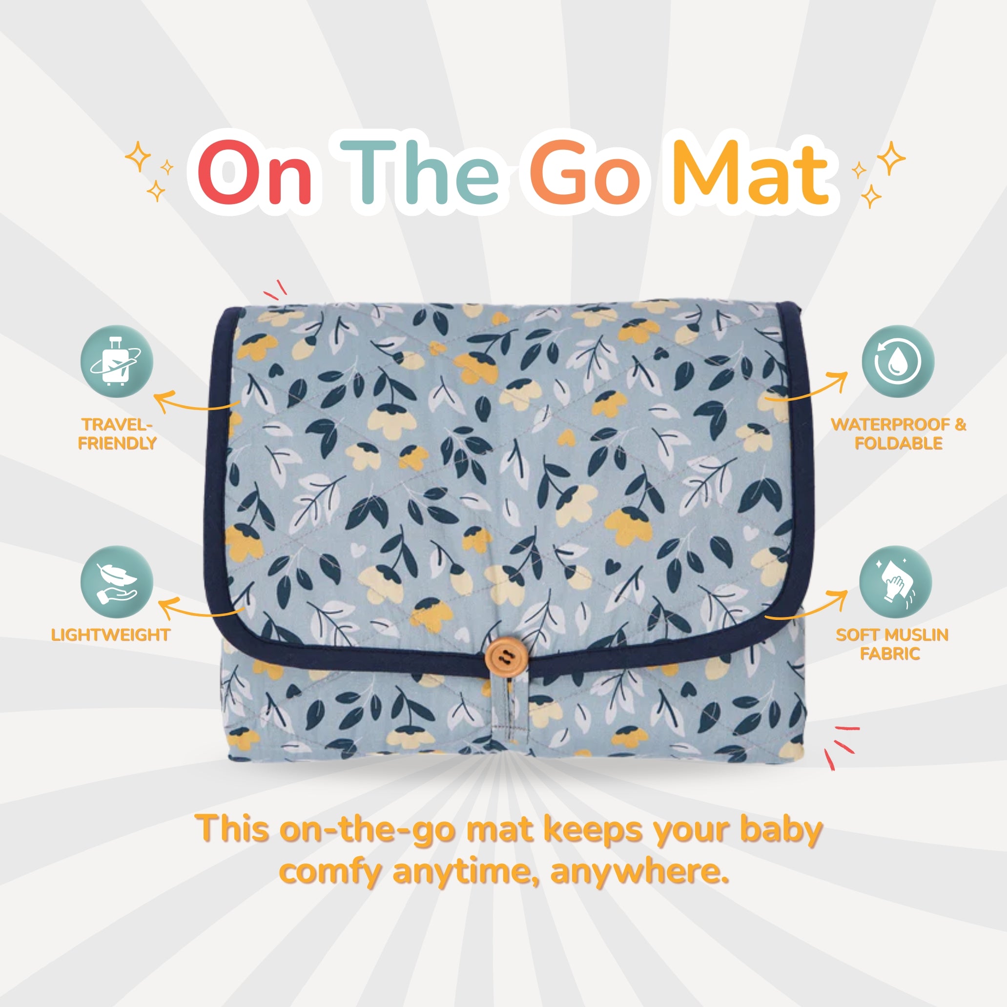 Folded floral baby mat with button closure against a light background. Text highlights features: travel-friendly, lightweight, waterproof, and soft muslin.