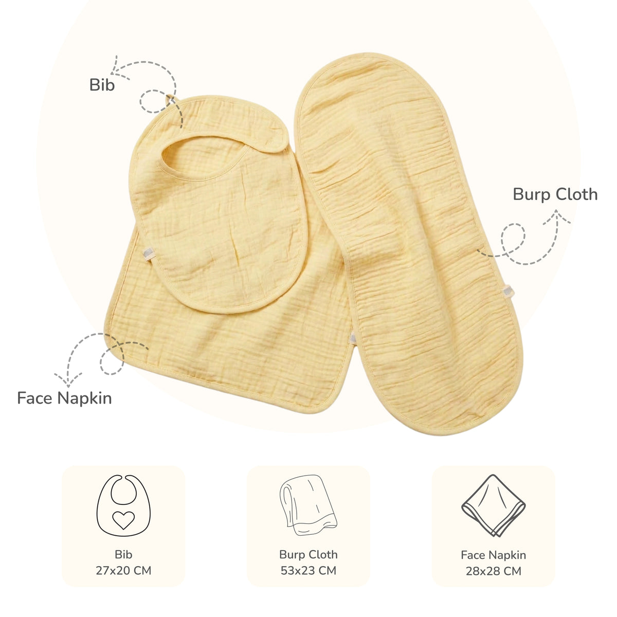 Muslin Baby Care Set of 3 - Bib, Burp Cloth & Face Napkin - Suraj