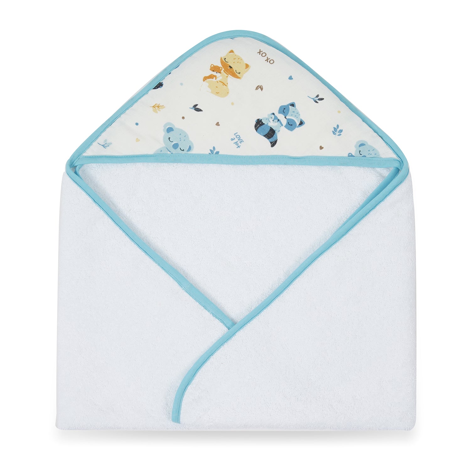 A cozy baby hooded towel featuring playful animal patterns, including foxes and koalas, with a soft white texture and light blue trim.