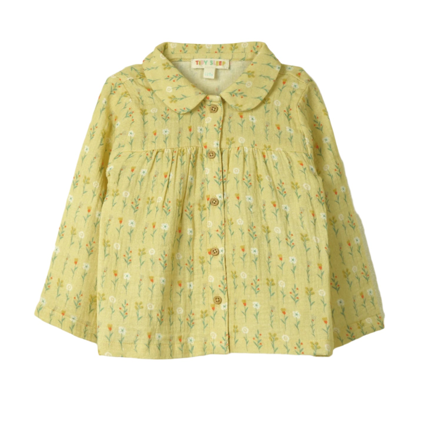 Yellow baby pajama set with a delicate floral print, featuring a button-up top 