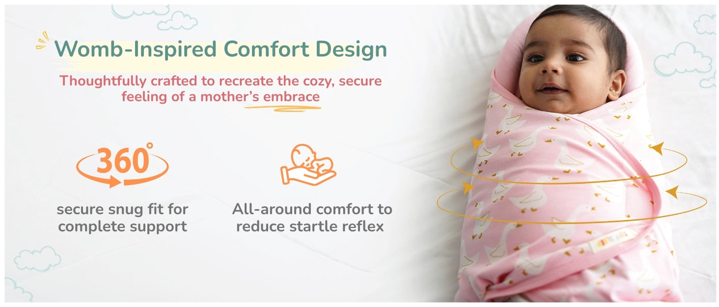A baby is swaddled in a pink blanket, lying on a white surface, with text describing the swaddle’s womb-inspired comfort and features for support and reduced startle reflex.