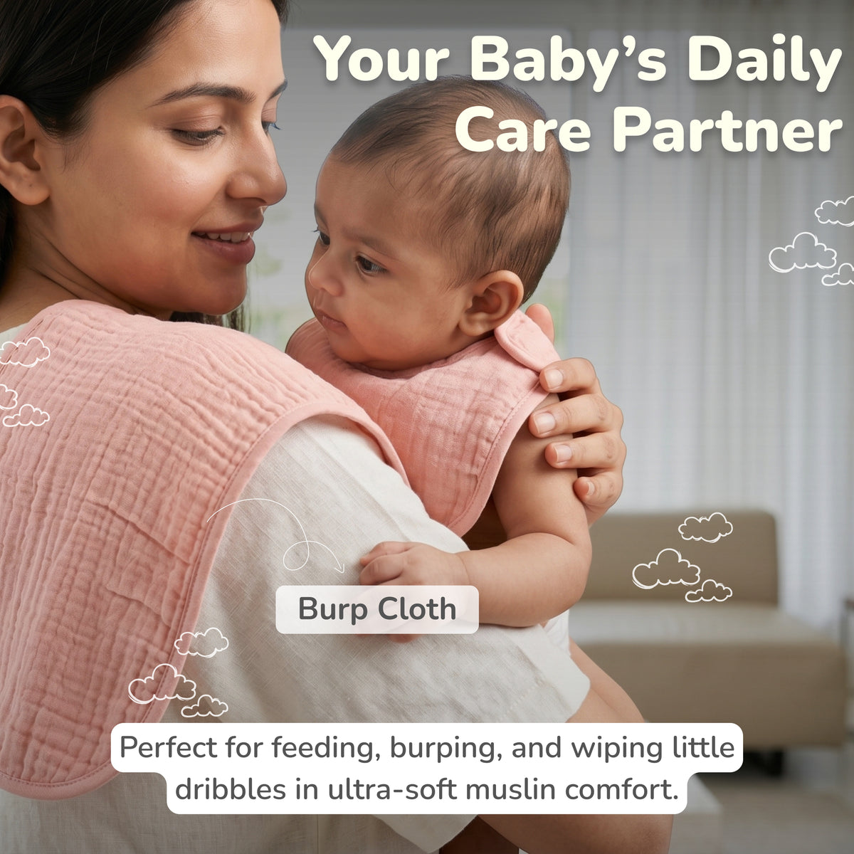 Muslin Baby Care Set of 3 - Bib, Burp Cloth & Face Napkin - Chand
