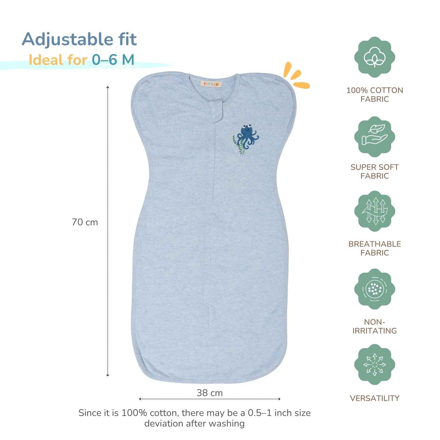 A light blue adjustable baby swaddle blanket shown on a white background with measurement lines indicating 70 cm height and 38 cm width. Text on the left says 'Adjustable fit Ideal for 0-6 M' and a column of pink icons on the right lists its features.