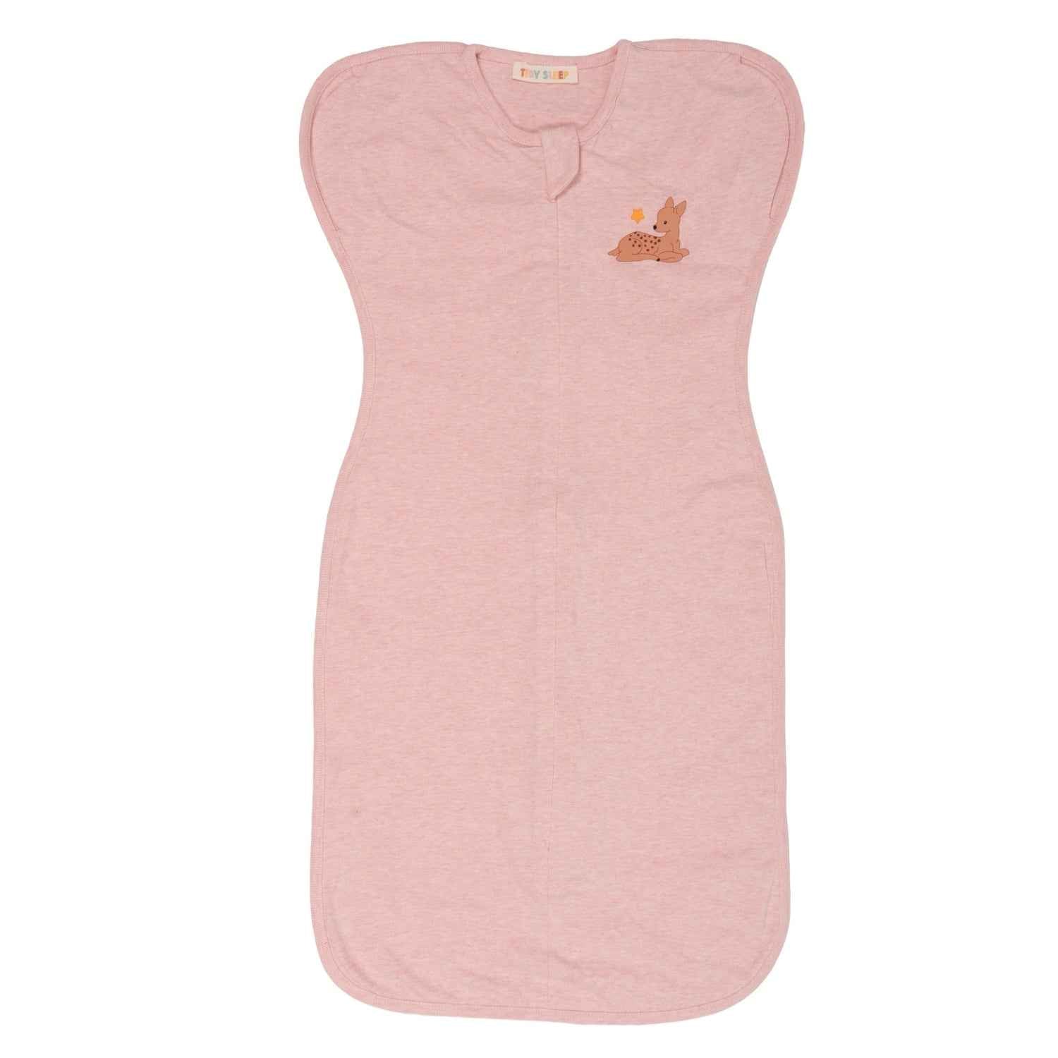 A light pink baby swaddle blanket with a small embroidered brown bunny on the chest, shown flat against a white background.