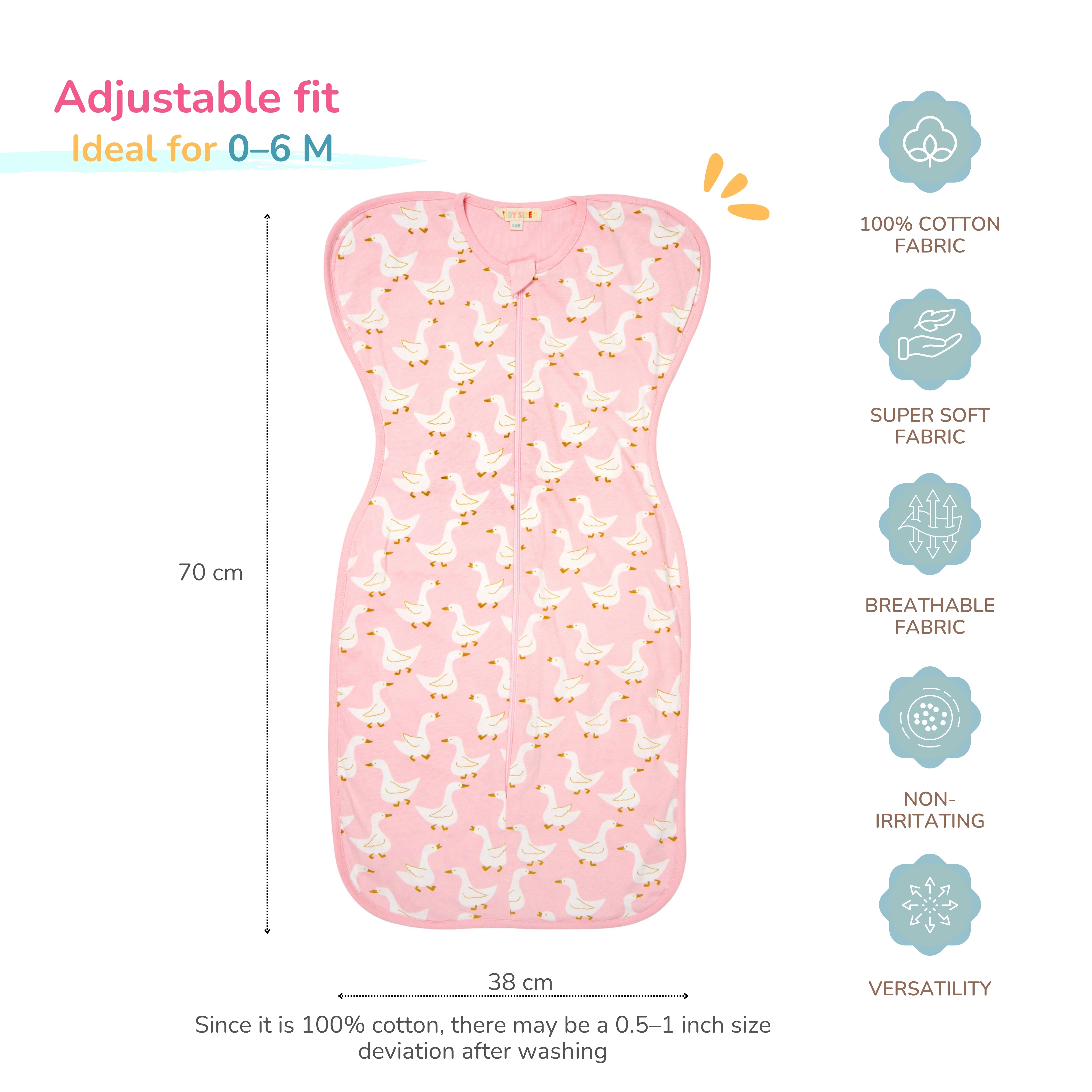 A adjustable Pink with white and yellow duck print baby swaddle blanket shown on a white background with measurement lines indicating 70 cm height and 38 cm width. Text on the left says 'Adjustable fit Ideal for 0-6 M' and a column of pink icons on the right lists its features.