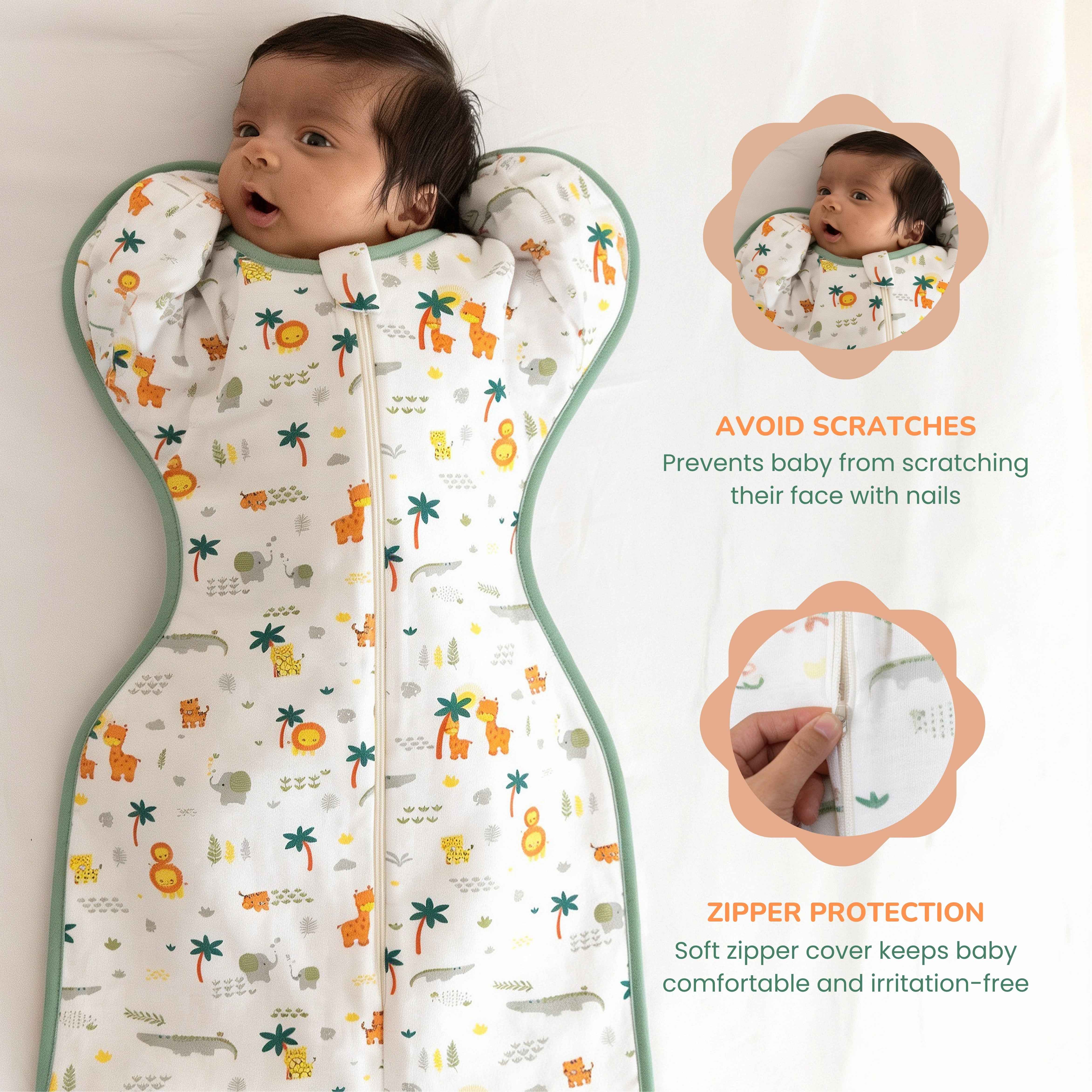 A baby swaddled in a jungle safari print arms-up cotton jersey swaddle with a zipper, shown on a white background with two inset photos demonstrating product features: a face-protecting zipper cover and a scratch-prevention design.