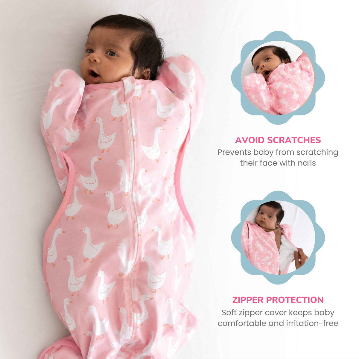 A baby swaddled in a Pink with white and yellow duck print arms-up cotton jersey swaddle with a zipper, shown on a white background with two inset photos demonstrating product features: a face-protecting zipper cover and a scratch-prevention design.