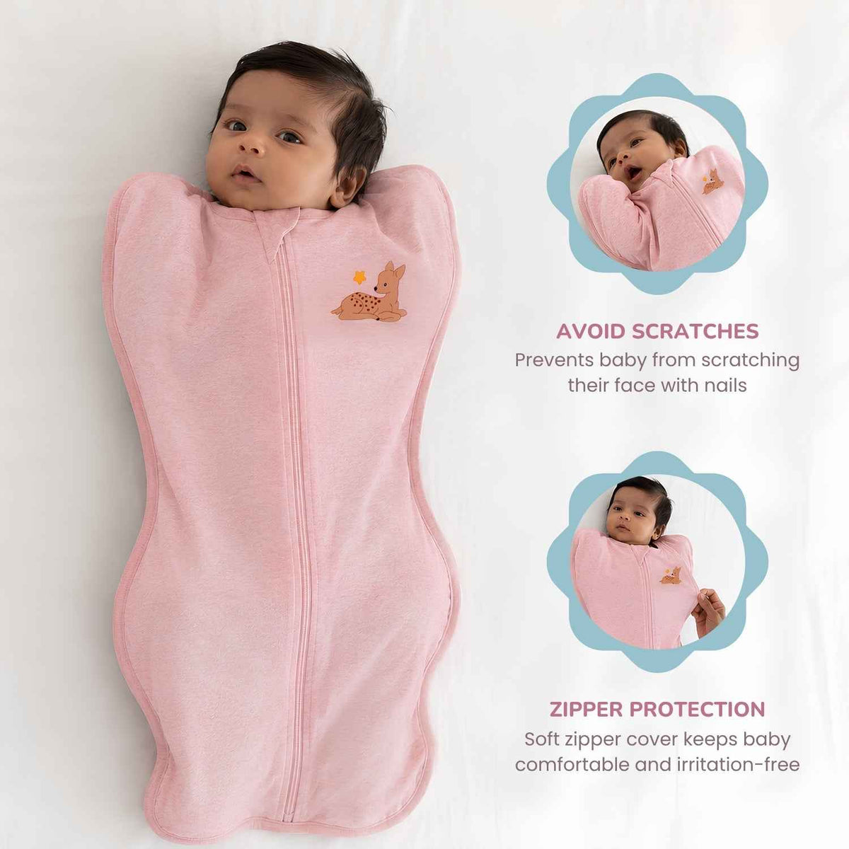 A baby swaddled in a light pink arms-up cotton jersey swaddle with a zipper, shown on a white background with two inset photos demonstrating product features: a face-protecting zipper cover and a scratch-prevention design.